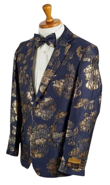 Navy and Gold Blazer - Paisley Sport Coat - Floral Prom Tuxedo