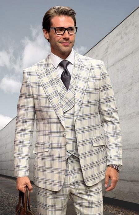 Athletic Suit - Ivory Windowpane - Plaid Suit Modern Fit Side Vented Super 150's Wool Fabric