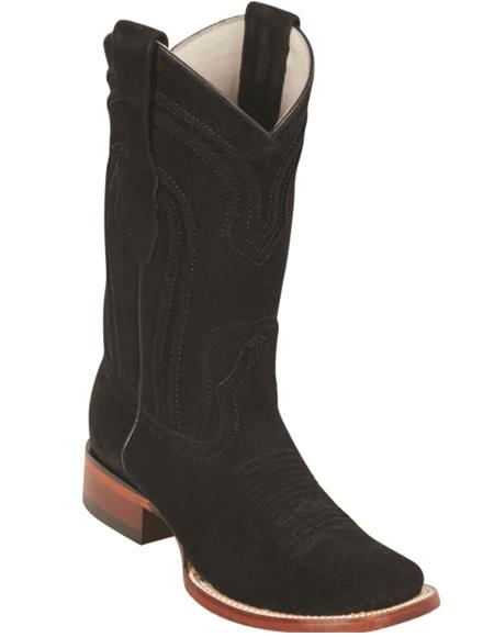 Mens Square Toe Cowboy Suede Boots Black