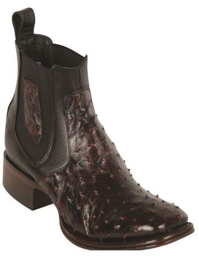 Mens Short Square Toe Black Cherry Ostrich Leather Boots
