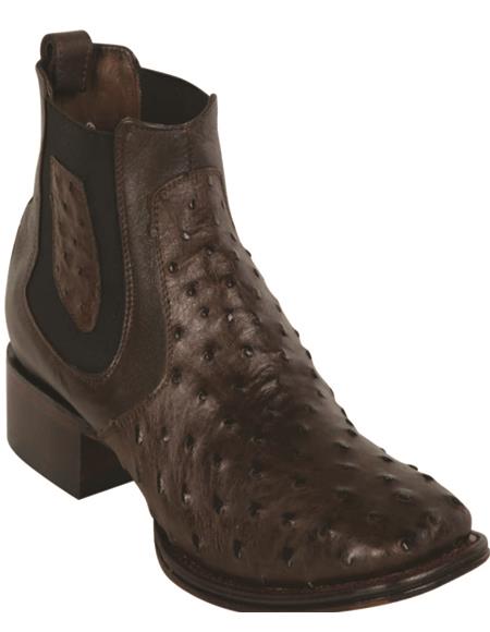Mens Short Brown Ostrich Leather Boots Square Toe