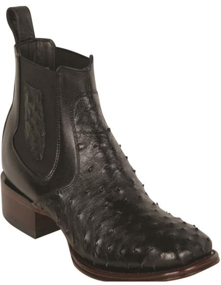 Mens Short Black Ostrich Leather Boots Square Toe