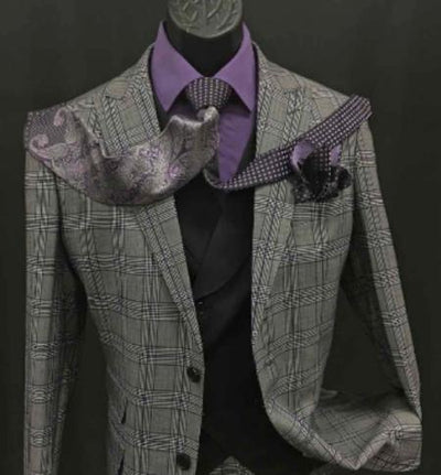Charcoal Grey Windowpane Suit With Double Breasted Vest - Super 150's Wool Suit