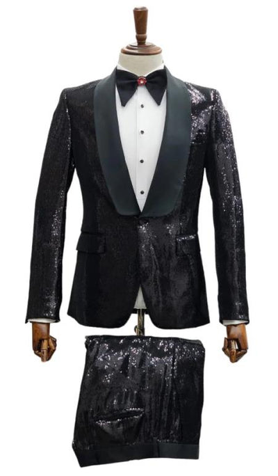 Mens 2 Button Slim Fit Shawl Lapel Sequin Suit Black