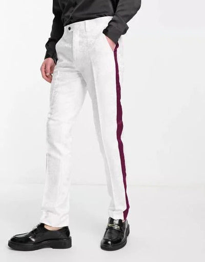 White Tuxedo With Burgundy Sateen Stripe Pants