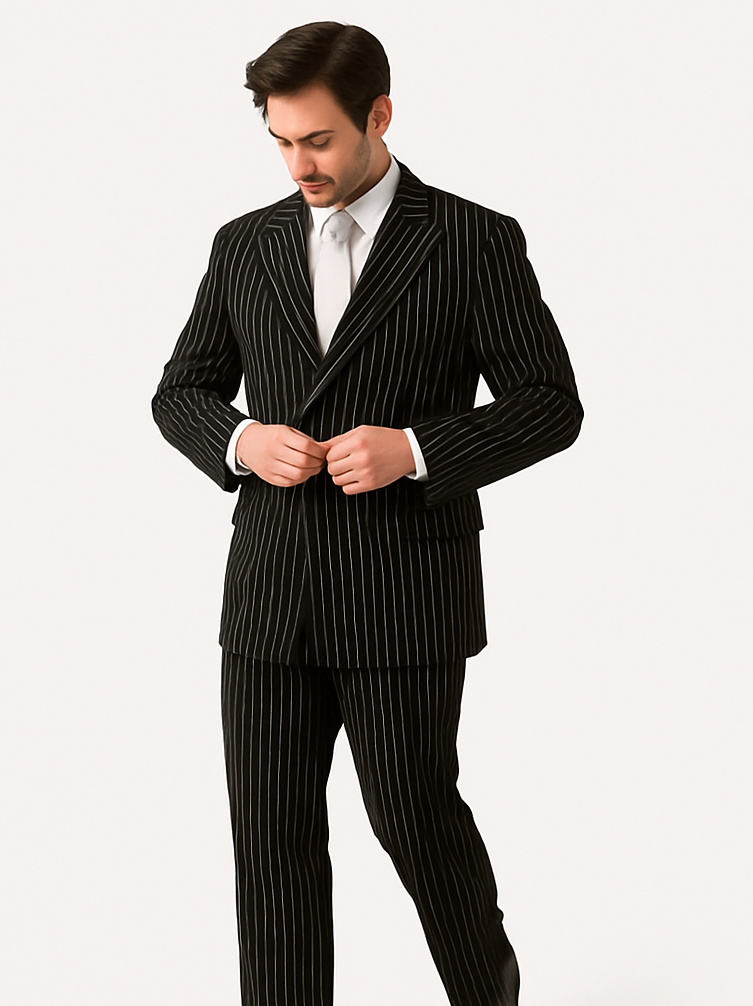 Classic Gangster Jet Black & White Pinstripe Double Breasted Suit Fashion Suits (Not L