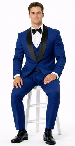 Indigo Slim Fit Tuxedo with Large Black Shawl Lapel – 3 Piece Wedding & Prom Set
