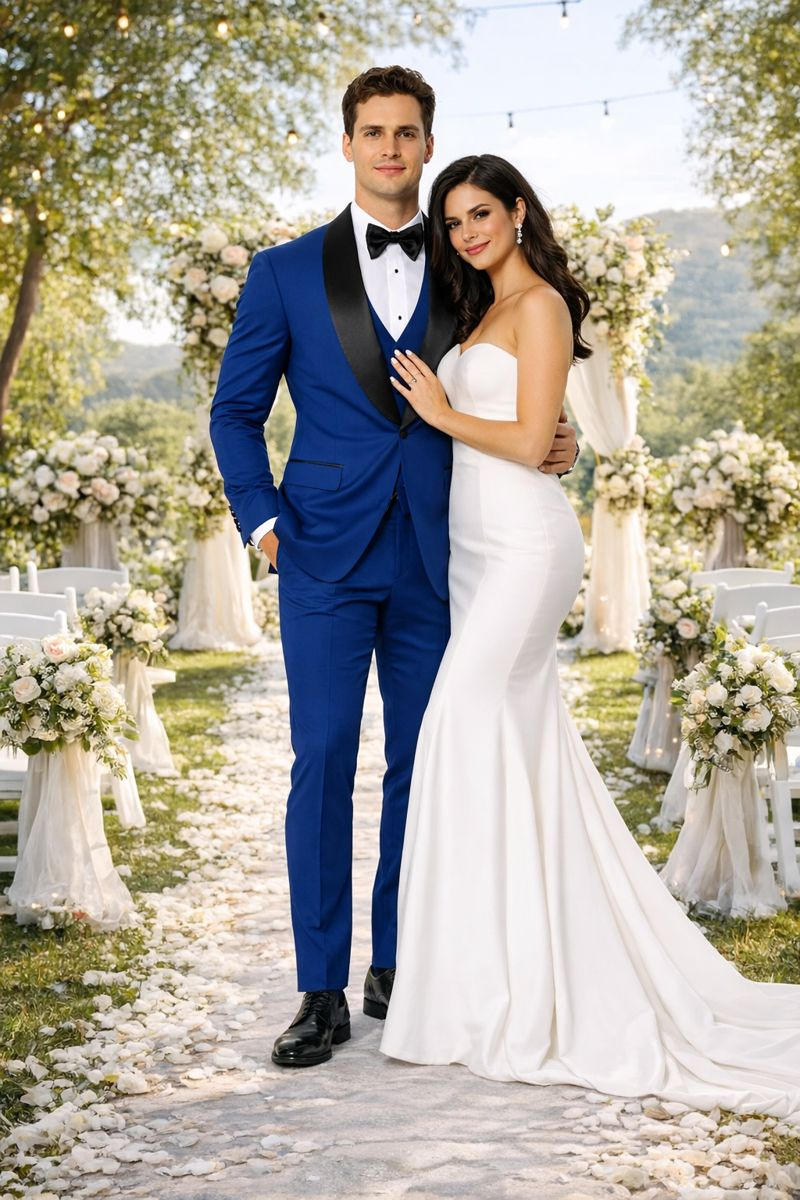 Indigo Slim Fit Tuxedo with Large Black Shawl Lapel – 3 Piece Wedding & Prom Set