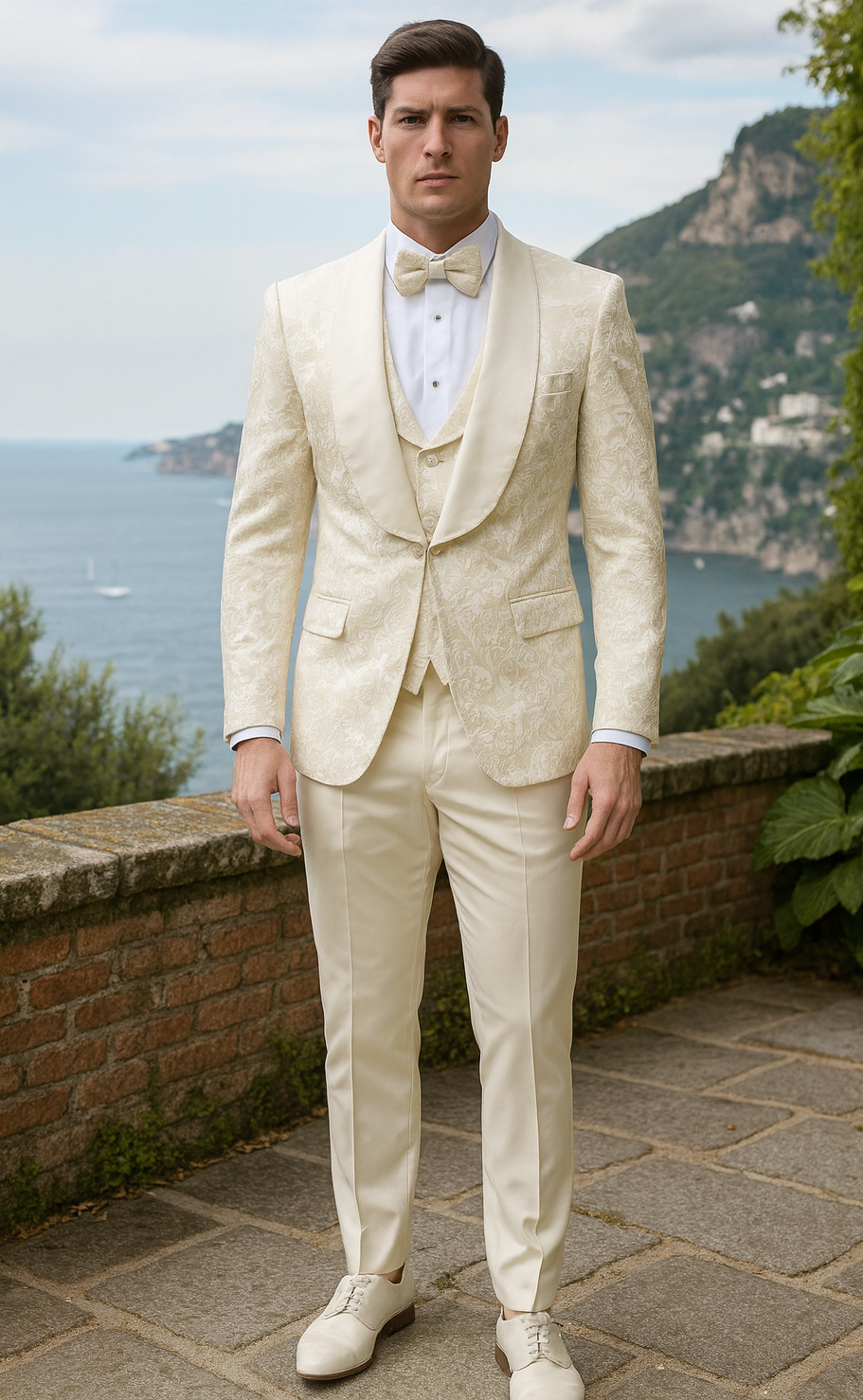 Ivory Floral Tuxedo Set with Wide Shawl Lapel – Wedding & Prom