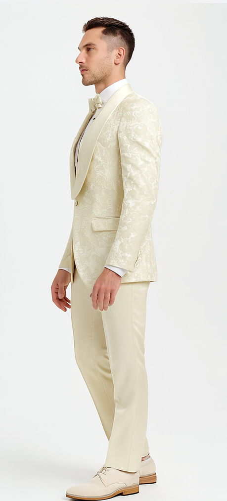 Ivory Floral Tuxedo Set with Wide Shawl Lapel – Wedding & Prom