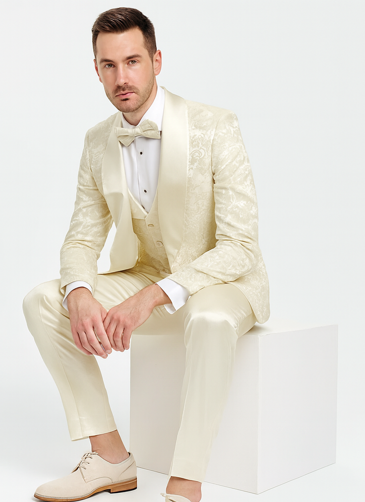 Ivory Floral Tuxedo Set with Wide Shawl Lapel – Wedding & Prom