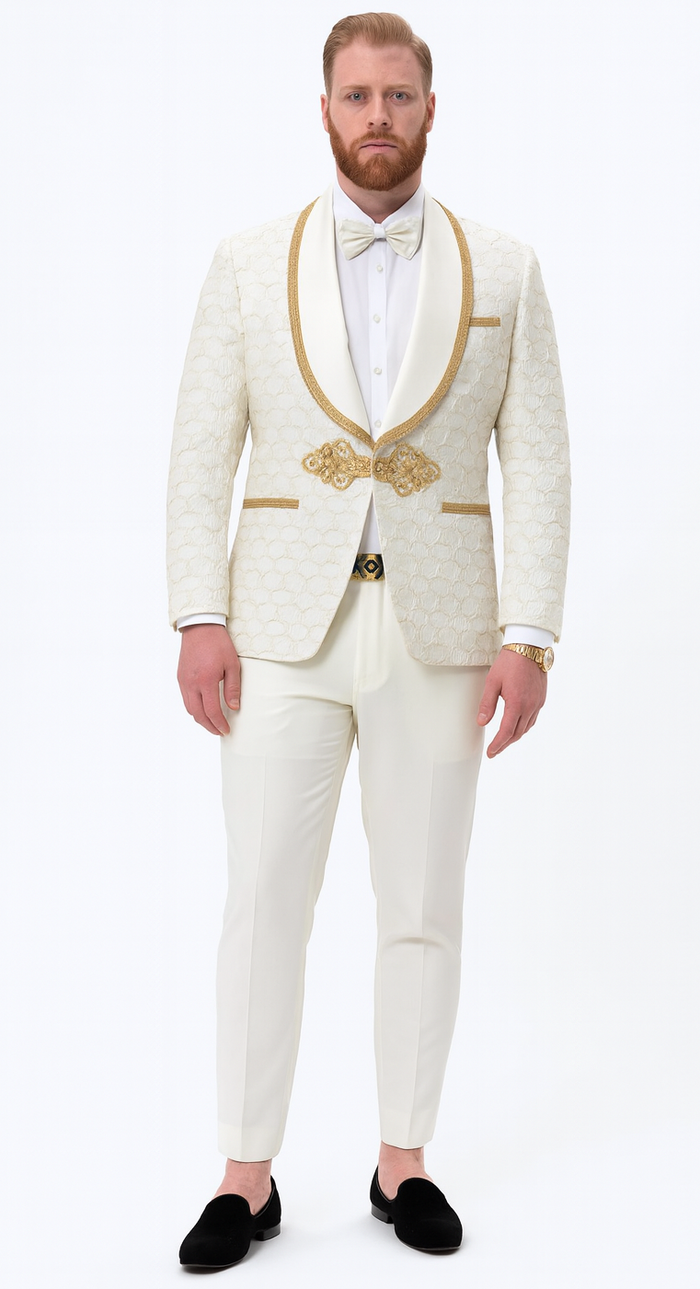 Ivory & Gold Paisley Tuxedo with Ornate Clasp – Wedding & Prom