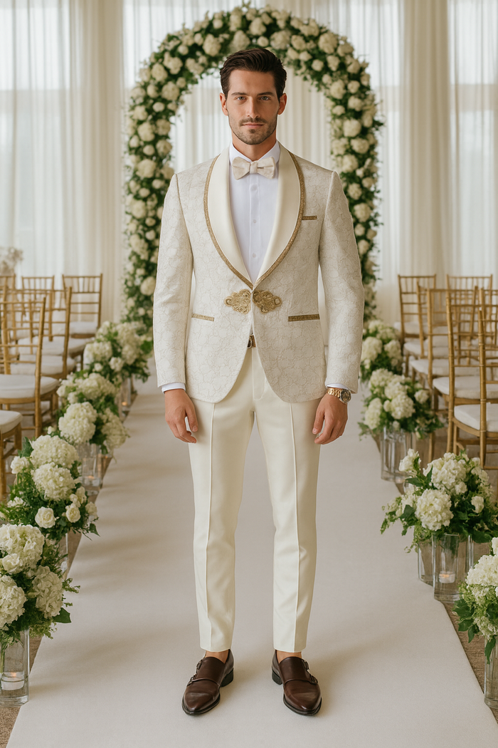 Ivory & Gold Paisley Tuxedo with Ornate Clasp – Wedding & Prom