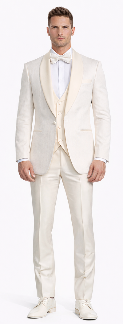 Ivory Shawl Tuxedo with Fancy Pattern Four Piece Set - Wedding - Prom