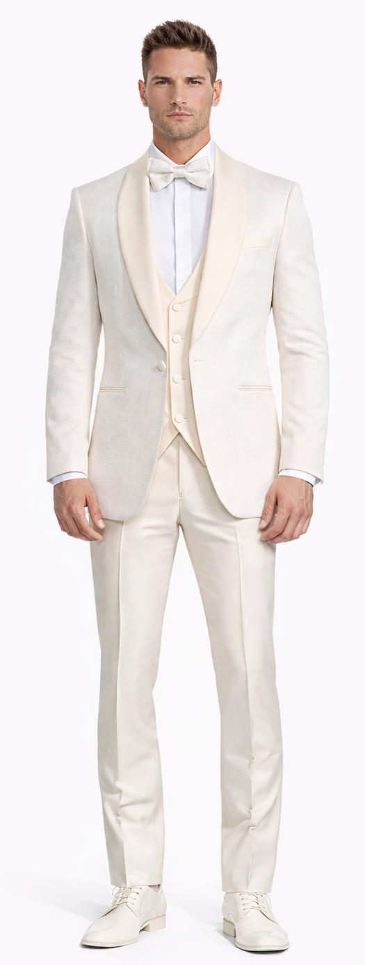 Ivory Shawl Tuxedo with Fancy Pattern Four Piece Set - Wedding - Prom