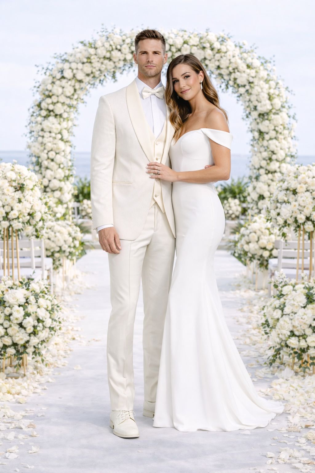 Ivory Shawl Tuxedo with Fancy Pattern Four Piece Set - Wedding - Prom