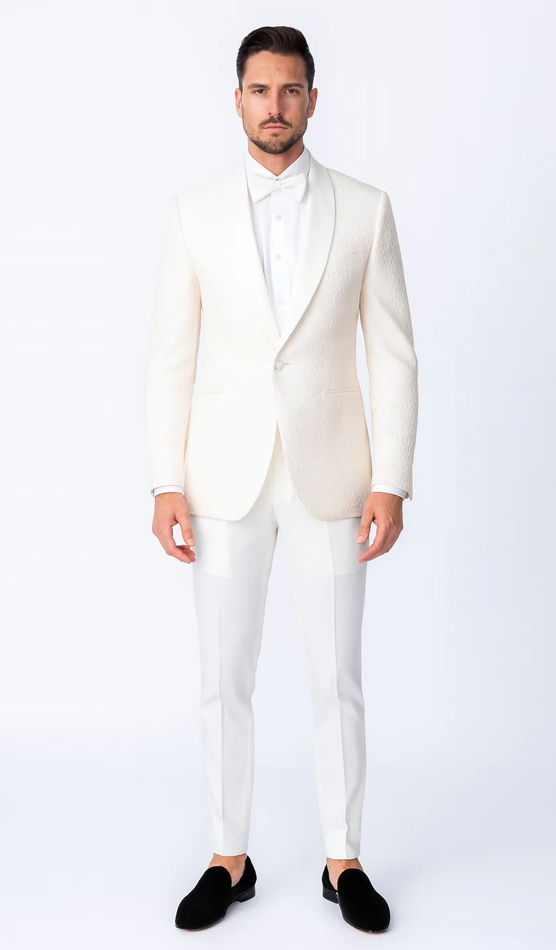 Ivory Textured Jacquard Tuxedo 4-Piece Set with Shawl Lapel – Wedding & Prom