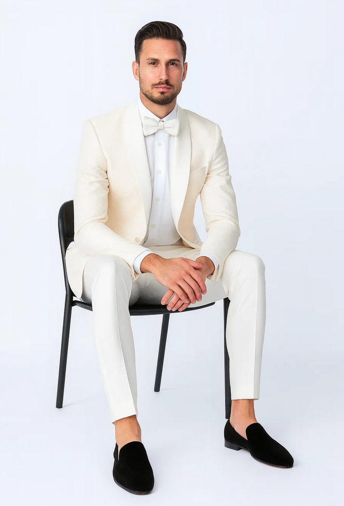 Ivory Textured Jacquard Tuxedo 4-Piece Set with Shawl Lapel – Wedding & Prom