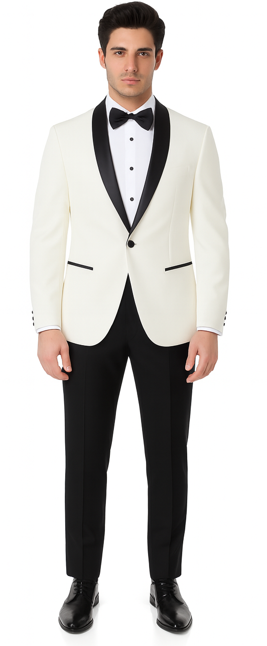 Ivory Slim Fit Tuxedo with Black Shawl Lapel – 3 Piece Wedding & Prom Set