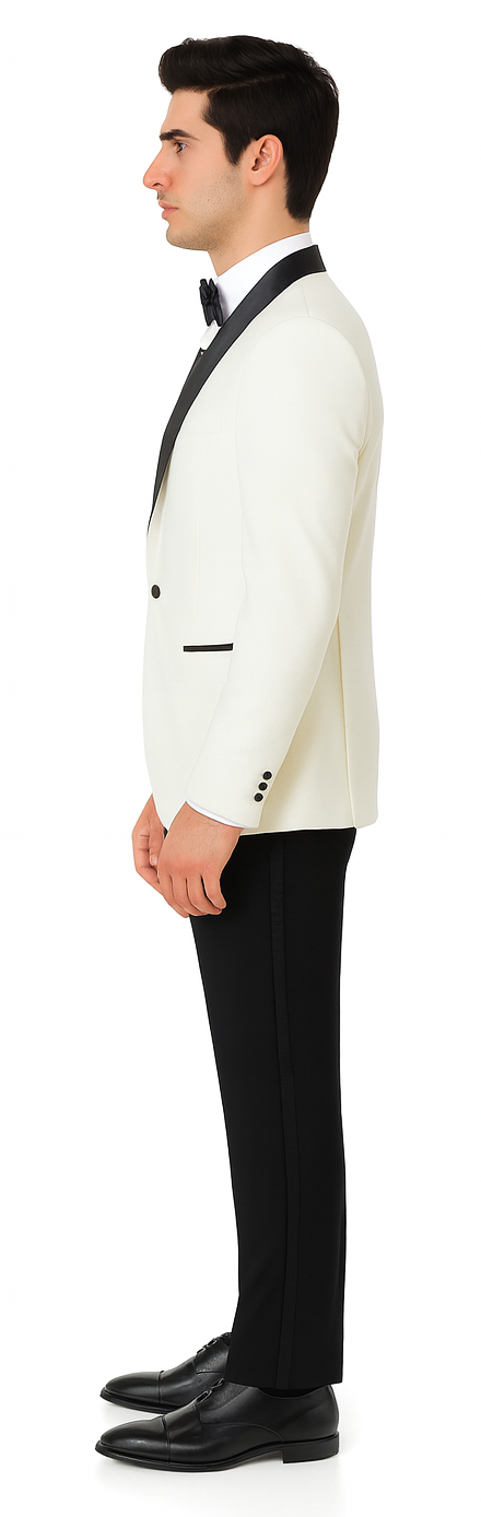 Ivory Tuxedo Jacket with Black Satin Shawl Lapel – Slim Fit