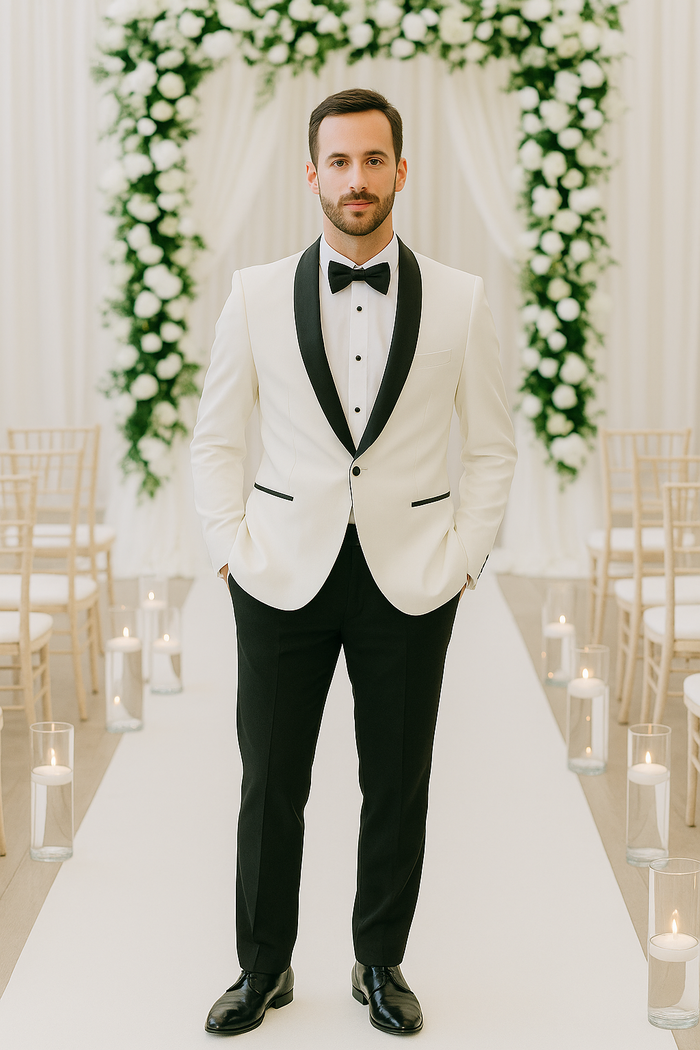 Ivory Tuxedo Jacket with Black Satin Shawl Lapel – Slim Fit