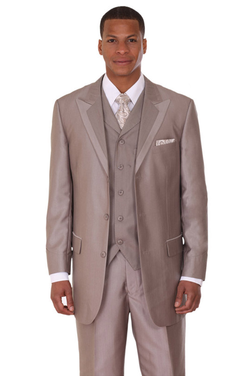 Tan 3 Button Suit with Wide Peak Lapel