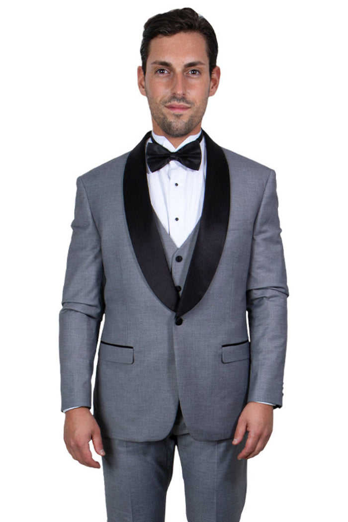 Grey Slim Fit Tuxedo with Large Black Shawl Lapel – 3 Piece Wedding & Prom Set