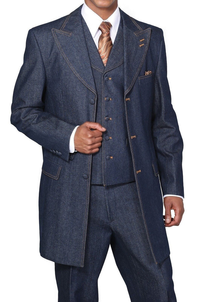 Mens 3/4 Length Vested Peak Lapel Denim Fashion Suit in Navy