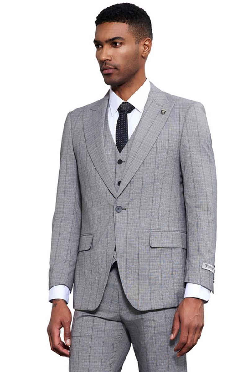 Stacy Adams Light Grey Windowpane Plaid Suit