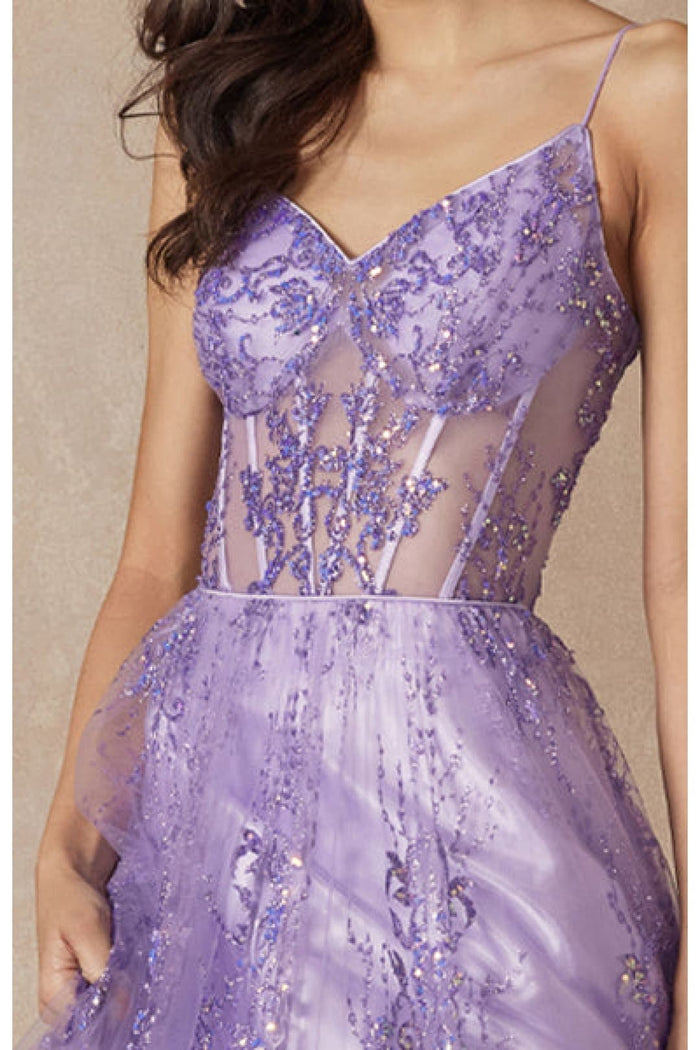 Juliet 2414 Spaghetti Straps Lilac A-line Glitter Formal Evening Gown