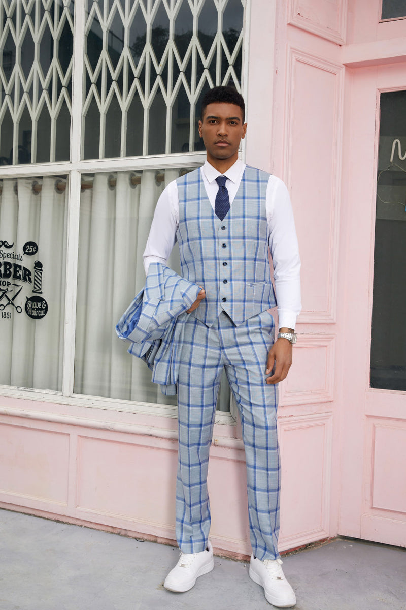 Stacy Adams Blue Windowpane Vested Peak Lapel Suit