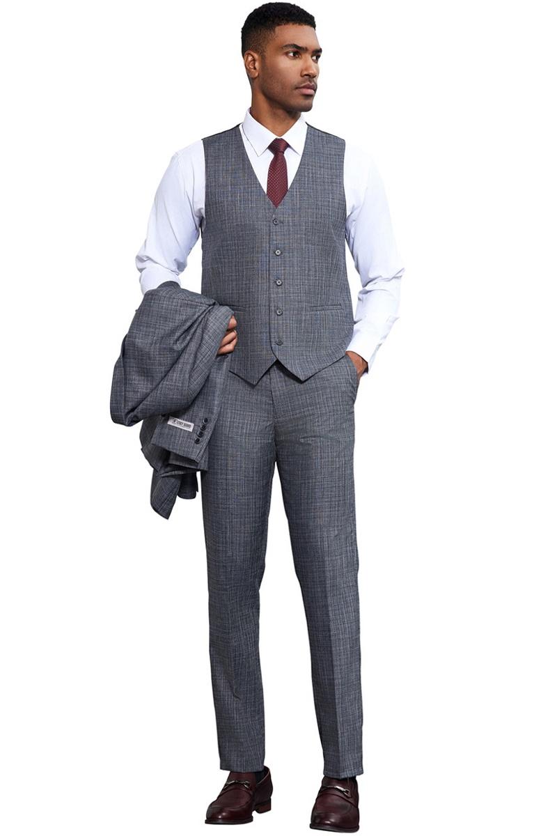 Stacy Adams Grey Sharkskin Weave Vested Suit