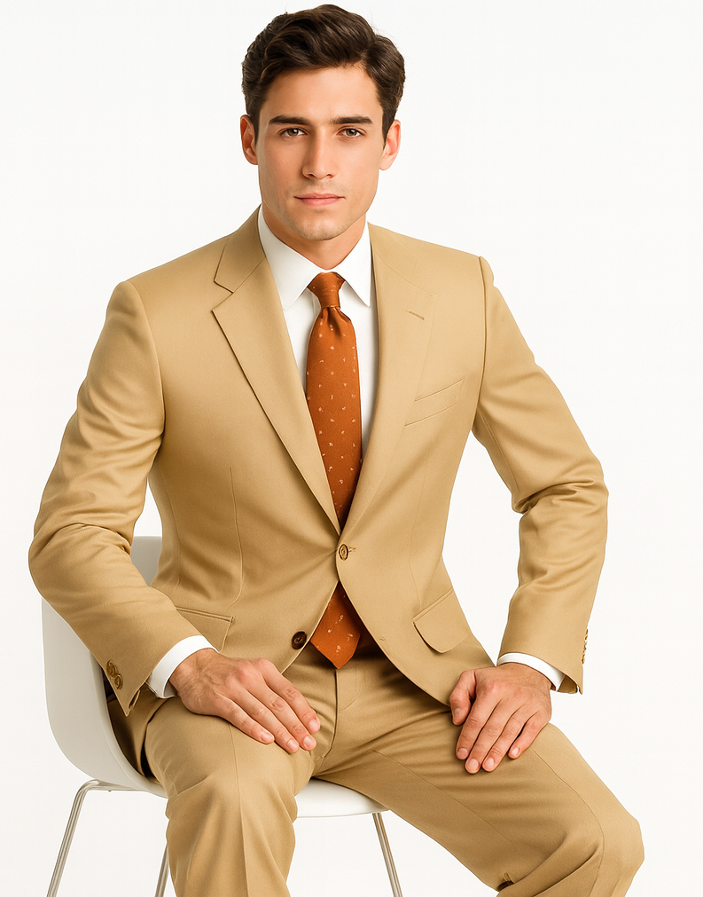 Khaki~Bronze ~ Camel 2 Button Side Vents With Flat Front Pants Business ~ Wedding 2 piece Side Vented Modern Fit Suits 2 Piece Suits For Men Super 150 Poly-Rayon developed by NASA)