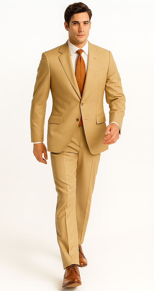 Khaki~Bronze ~ Camel 2 Button Side Vents With Flat Front Pants Business ~ Wedding 2 piece Side Vented Modern Fit Suits 2 Piece Suits For Men Super 150 Poly-Rayon developed by NASA)