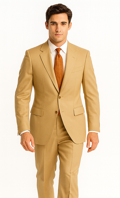 Khaki~Bronze ~ Camel 2 Button Side Vents With Flat Front Pants Business ~ Wedding 2 piece Side Vented Modern Fit Suits 2 Piece Suits For Men Super 150 Poly-Rayon developed by NASA)