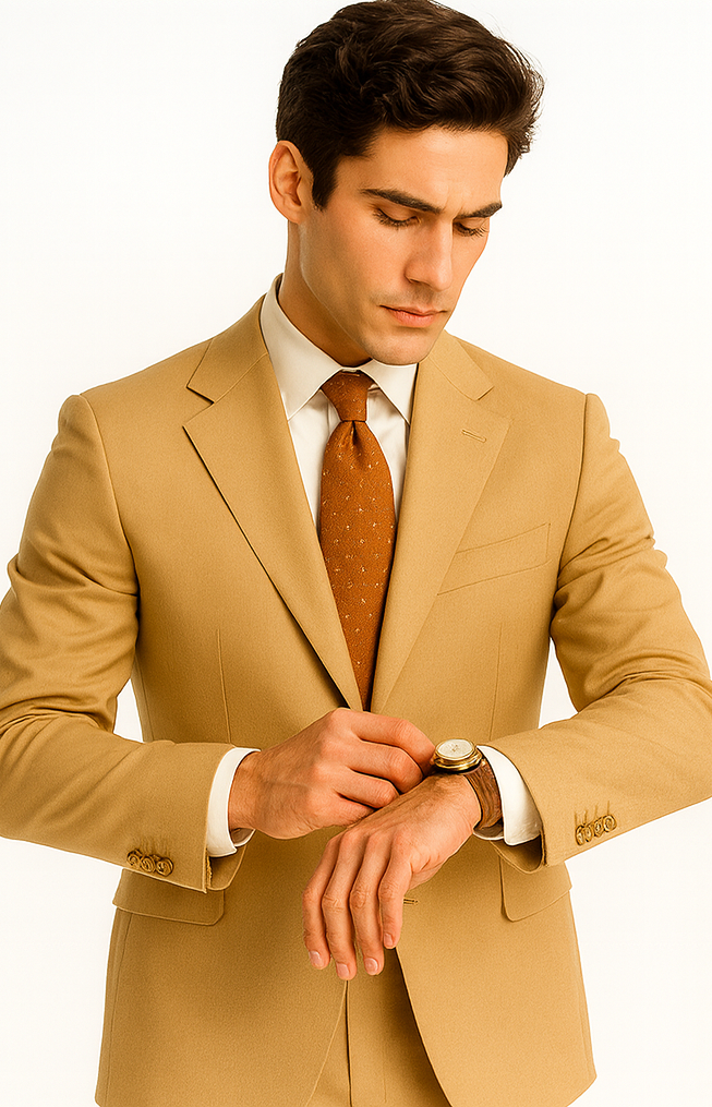 Khaki~Bronze ~ Camel 2 Button Side Vents With Flat Front Pants Business ~ Wedding 2 piece Side Vented Modern Fit Suits 2 Piece Suits For Men Super 150 Poly-Rayon developed by NASA)