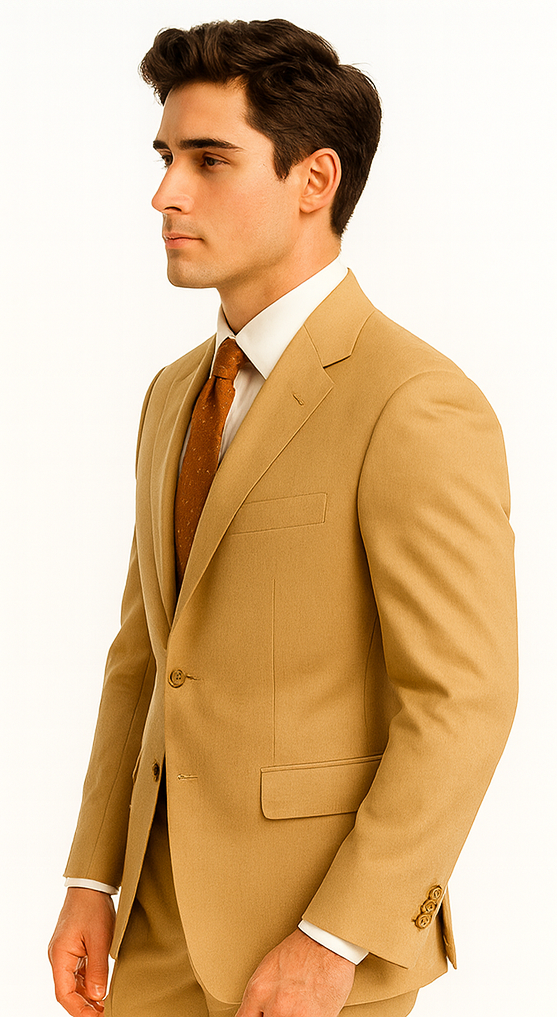 Khaki~Bronze ~ Camel 2 Button Side Vents With Flat Front Pants Business ~ Wedding 2 piece Side Vented Modern Fit Suits 2 Piece Suits For Men Super 150 Poly-Rayon developed by NASA)
