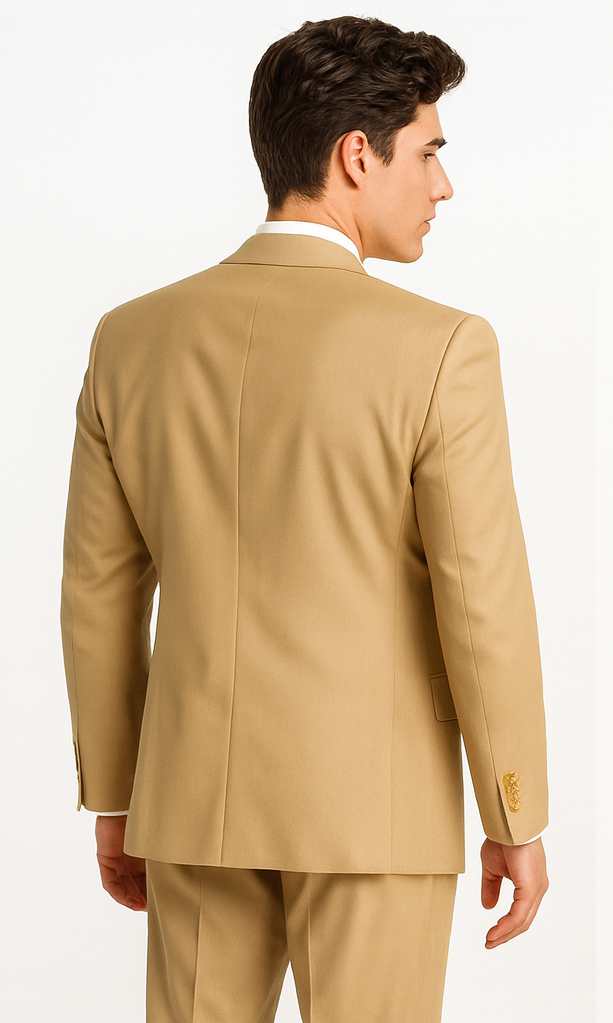 Khaki~Bronze ~ Camel 2 Button Side Vents With Flat Front Pants Business ~ Wedding 2 piece Side Vented Modern Fit Suits 2 Piece Suits For Men Super 150 Poly-Rayon developed by NASA)