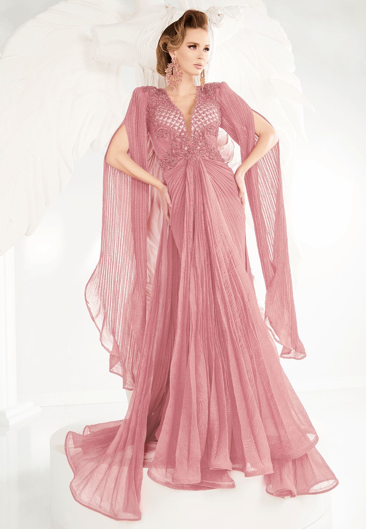 Fouad Sarkis 2569 Draped Light Pink Evening Gown with Beaded Appliqué