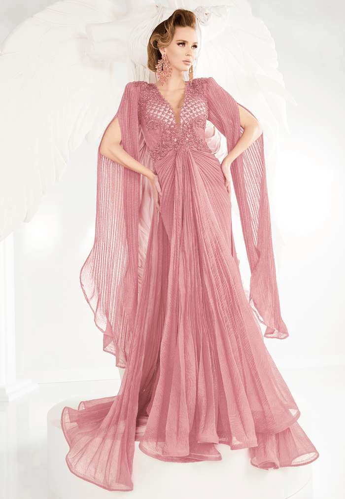 Fouad Sarkis 2569 Draped Light Pink Evening Gown with Beaded Appliqué