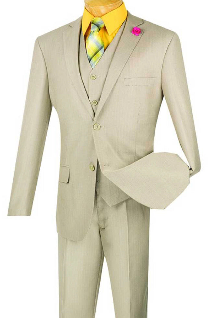 Vested Slim Fit Sharkskin Suit in Beige