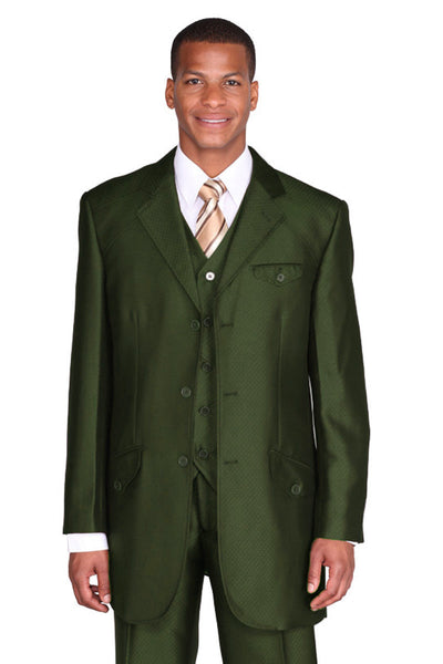 Mens 3 Button Vested Mini Diamond Weave Shiny Sharkskin Suit in Olive