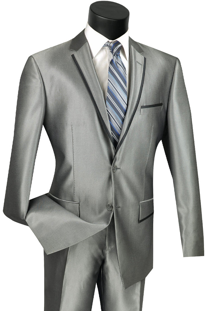 Slim Fit Sharkskin Suit with Satin Trim - Grey