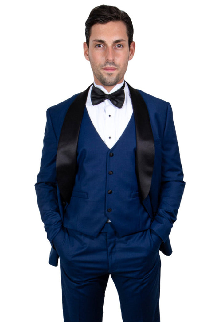 Indigo Slim Fit Tuxedo with Large Black Shawl Lapel – 3 Piece Wedding & Prom Set