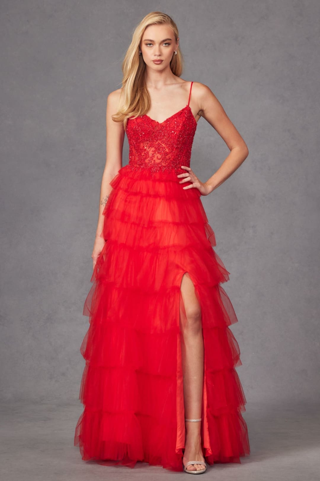 Lace Bodice Sleeveless A-line Ruffled Gown by Juliet JT2451S