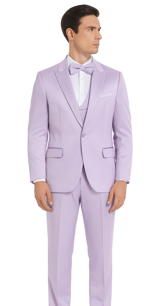Men's Lavender Satin 3 Piece Slim Fit Tazzio Suit with Peak Lapel – Stylish Modern