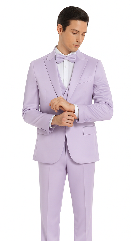 Men's Lavender Satin 3 Piece Slim Fit Tazzio Suit with Peak Lapel – Stylish Modern