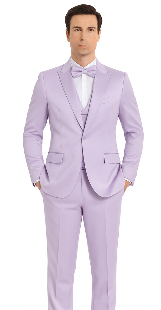Men's Lavender Satin 3 Piece Slim Fit Tazzio Suit with Peak Lapel – Stylish Modern