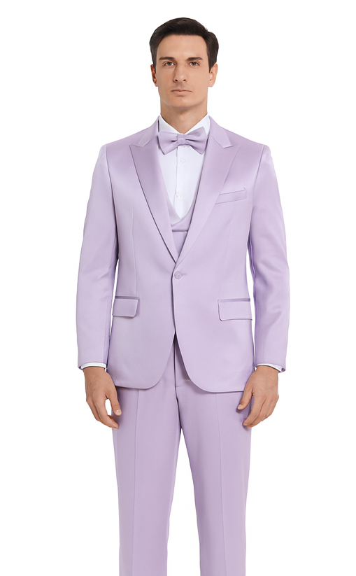 Men's Lavender Satin 3 Piece Slim Fit Tazzio Suit with Peak Lapel – Stylish Modern