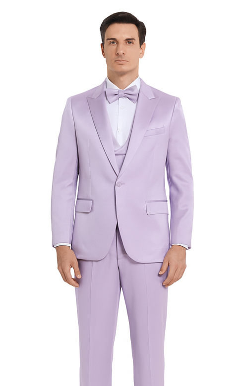 Men's Lavender Satin 3 Piece Slim Fit Tazzio Suit with Peak Lapel – Stylish Modern